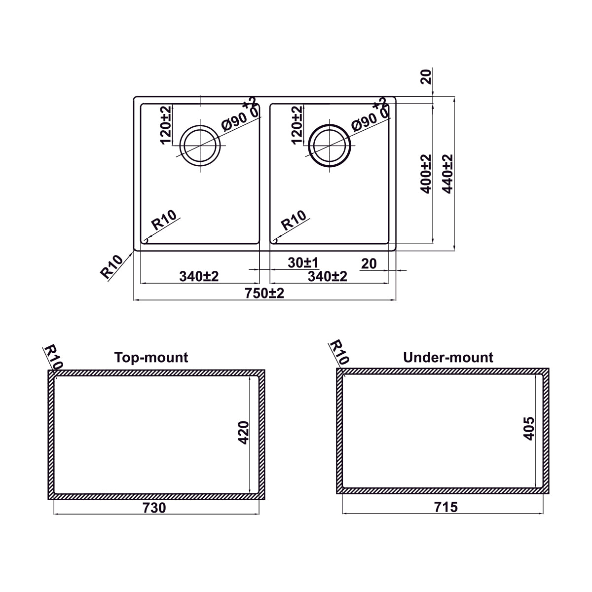 Chậu bếp Inox Hafele Satin R10 HS24-SSN2S-750