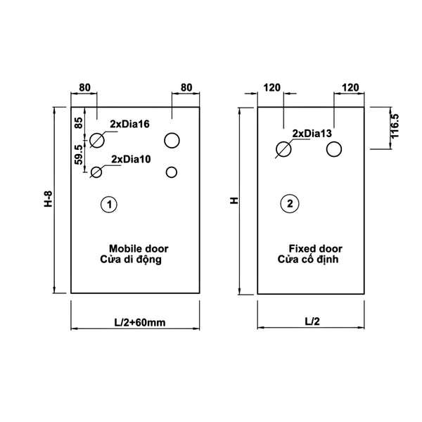 Bộ phụ kiện Hafele với ray trượt 2000 mm - Bộ cửa trượt phòng tắm kính (vuông)